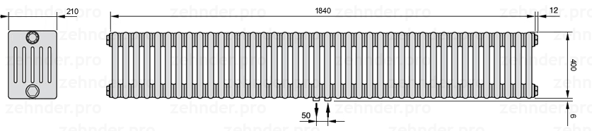 Схема (чертеж) Радиатор Zehnder Charleston 6040/40 №5410 Белый глянцевый RAL 9016